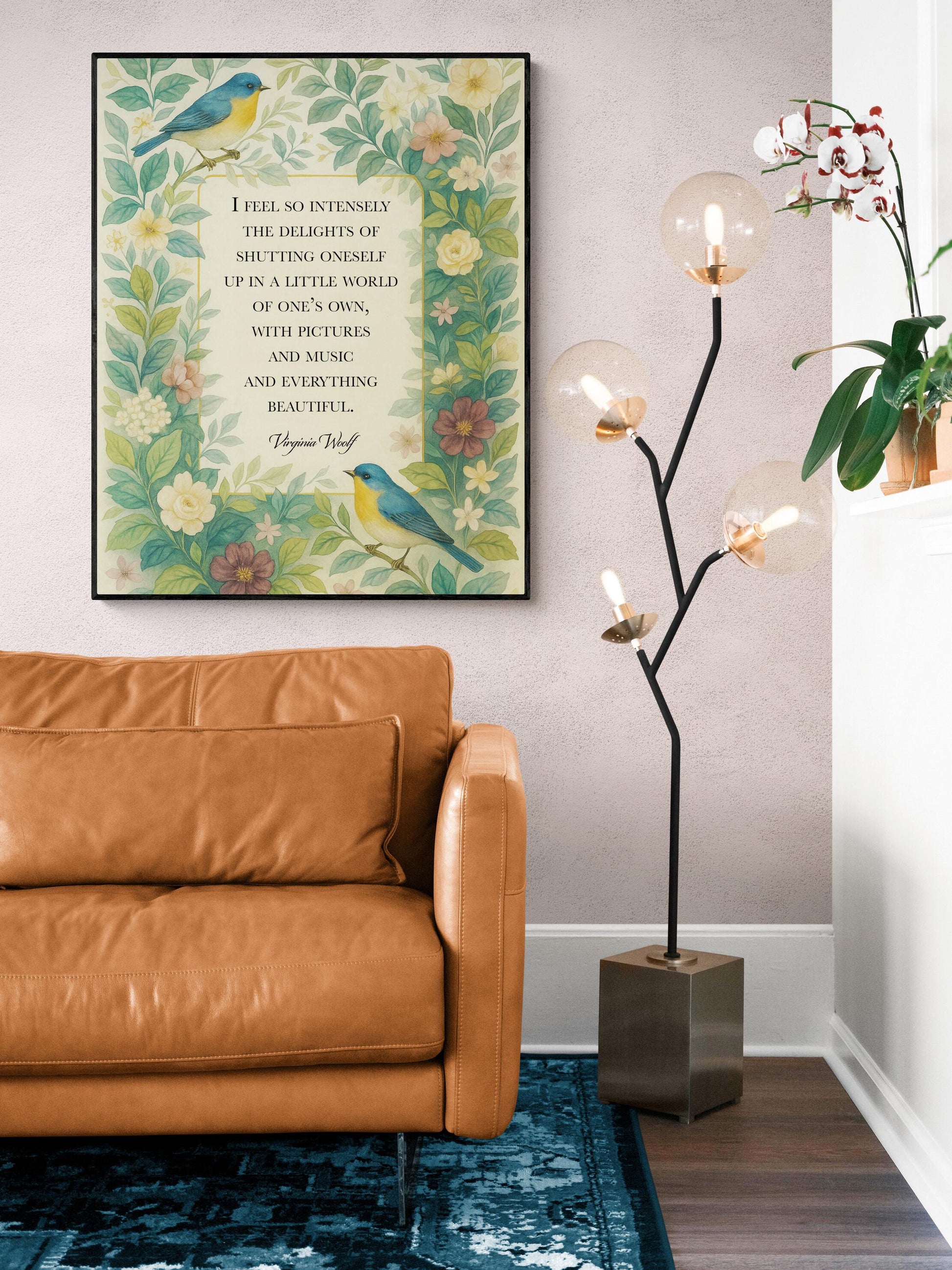 Virginia Woolf Quote Art Print | A Little World Of Ones Own | Floral Bluebirds | Botanical Literary | Home Decor | Vintage Poster