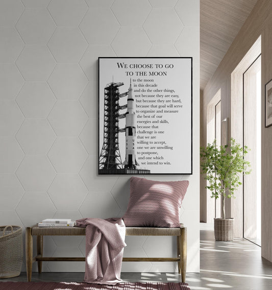 JFK Moon Speech Quote Art Print – We Choose to Go to the Moon | Saturn V Rocket | Inspirational NASA Space Wall Artwork | Home Decor Poster