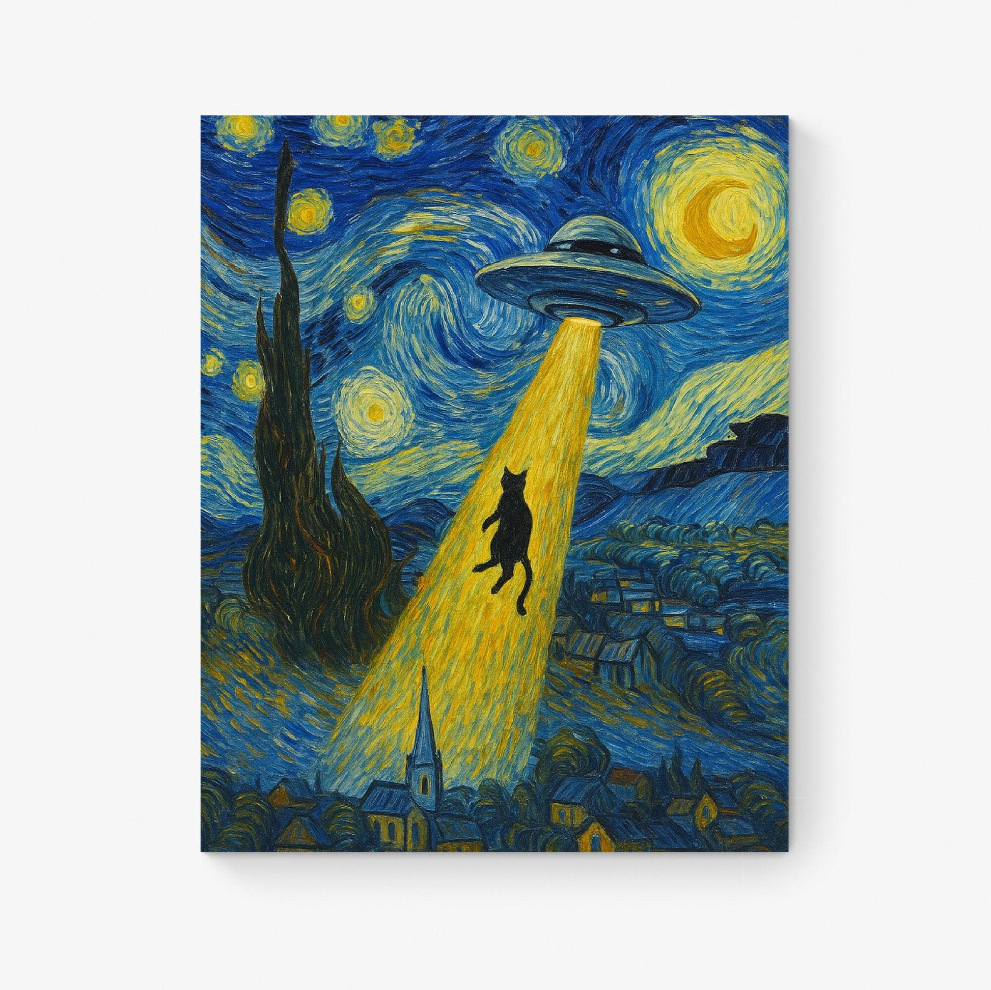 Funny UFO Cat Abduction Art Print – Van Gogh Starry Night Wall Decor for Sci-Fi Lovers Artwork | Living Room Artwork | Home Decor Poster