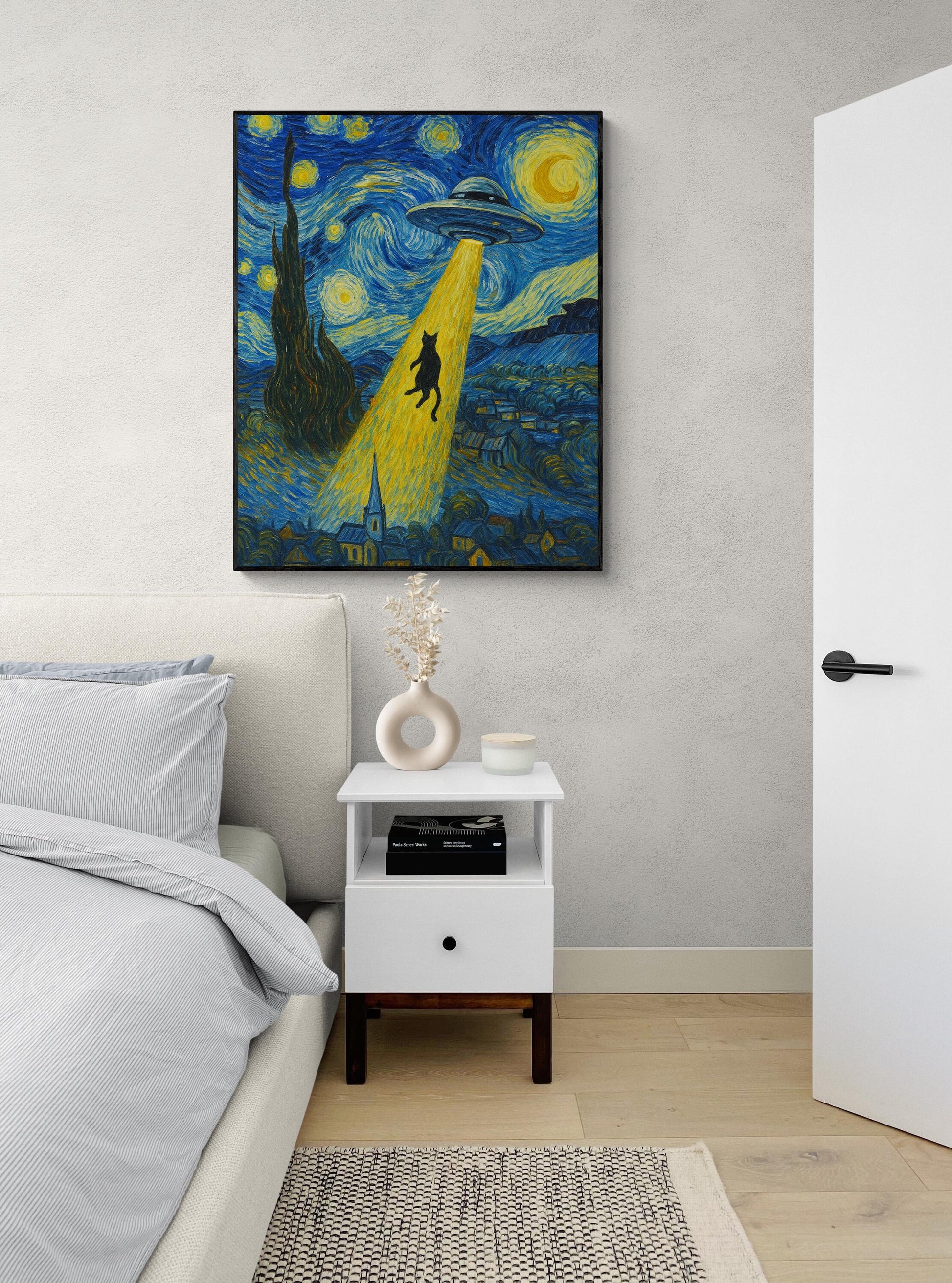 Funny UFO Cat Abduction Art Print – Van Gogh Starry Night Wall Decor for Sci-Fi Lovers Artwork | Living Room Artwork | Home Decor Poster