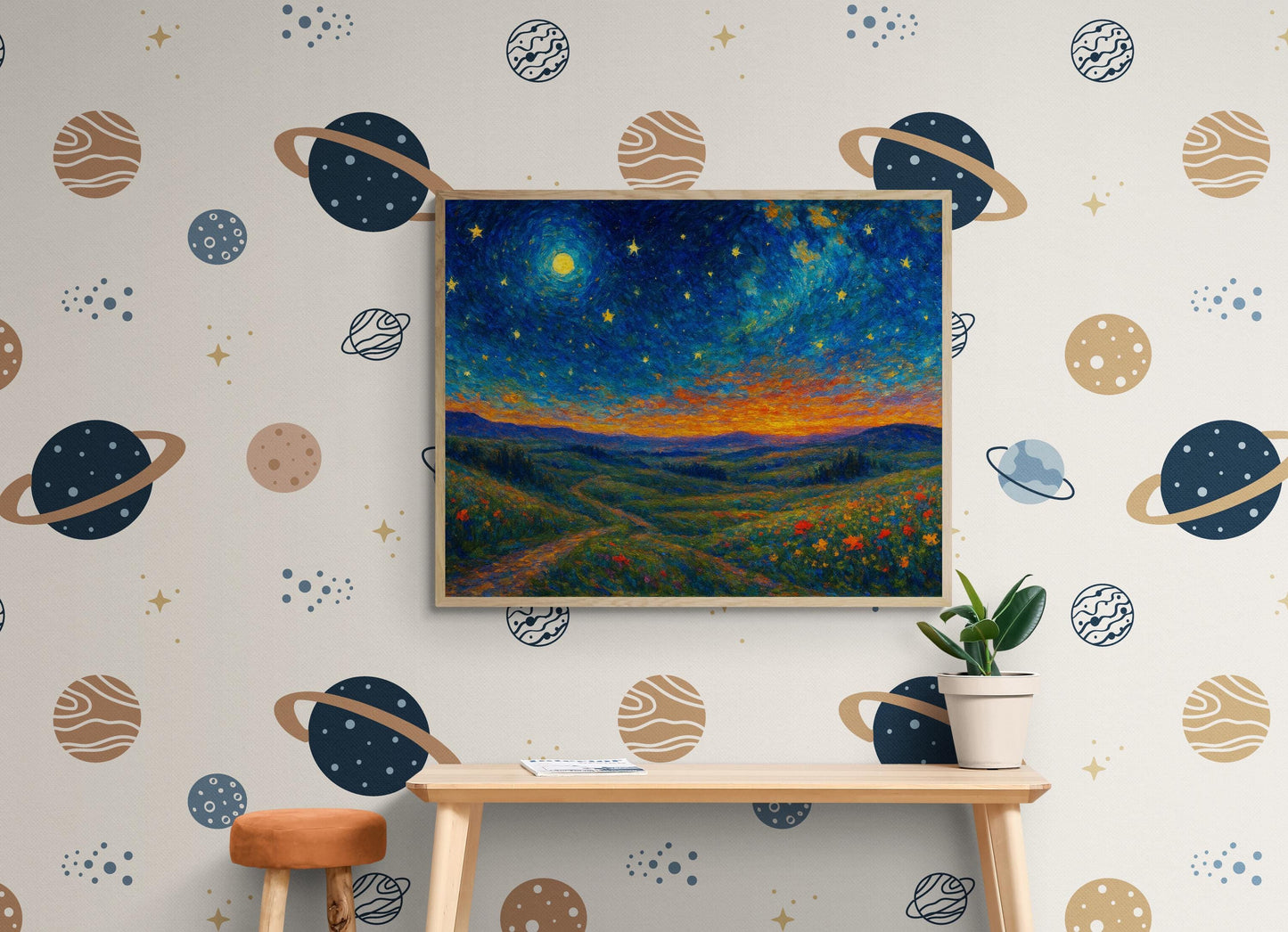 Starry Meadow Art Print – Van Gogh Inspired Landscape Starry Night Wall Decor Artwork | Living Room Artwork | Home Decor Poster