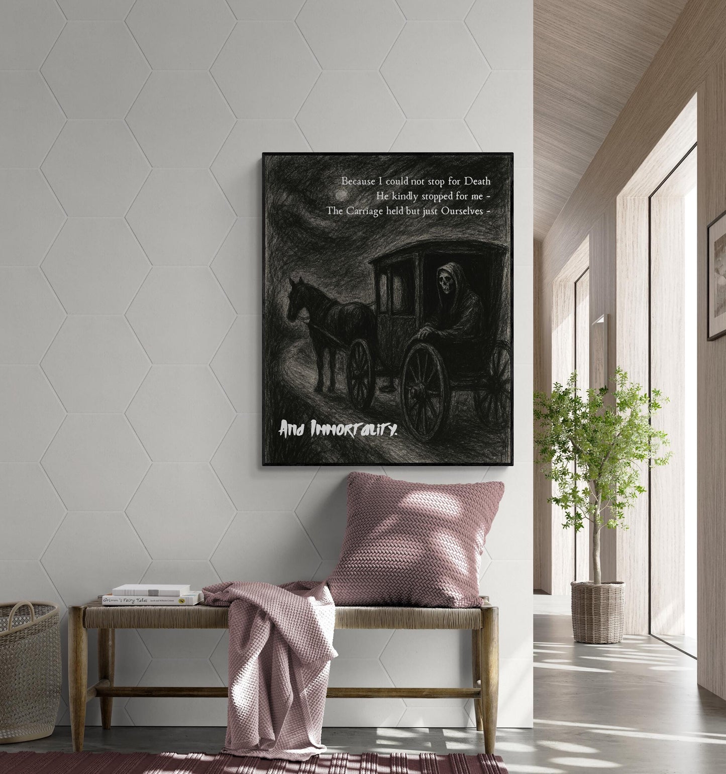 May include: A black and white illustration of a carriage pulled by a horse with a figure in the carriage. The text reads: 'Because I could not stop for Death - He kindly stopped for me - The Carriage held but just Ourselves - And Immortality.'