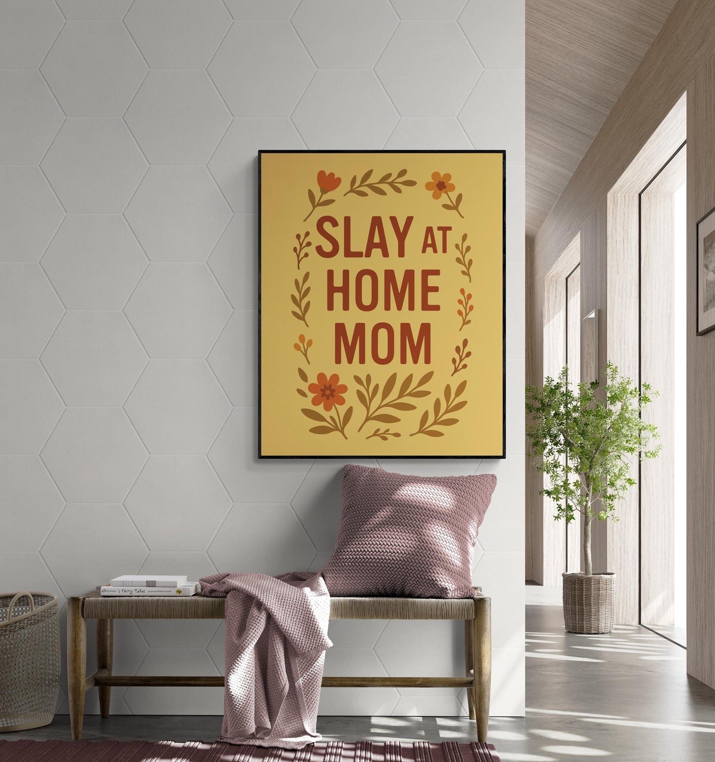 Slay at Home Mom Art Print – Funny Mom Wall Art with Floral Design – Gen Z Slang Home Decor – Inspirational Bedroom Gift – Folk Poster
