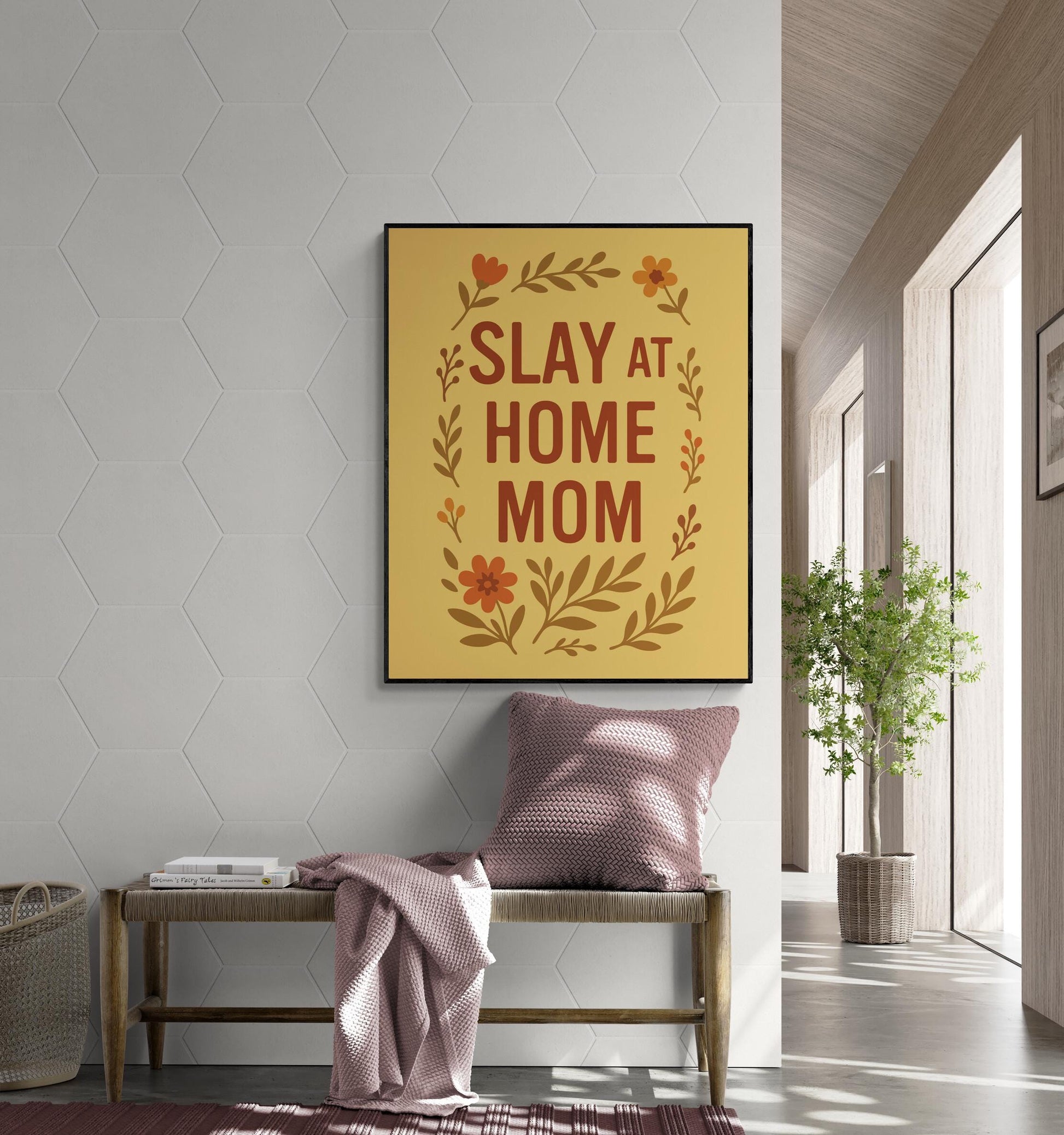 Slay at Home Mom Art Print – Funny Mom Wall Art with Floral Design – Gen Z Slang Home Decor – Inspirational Bedroom Gift – Folk Poster
