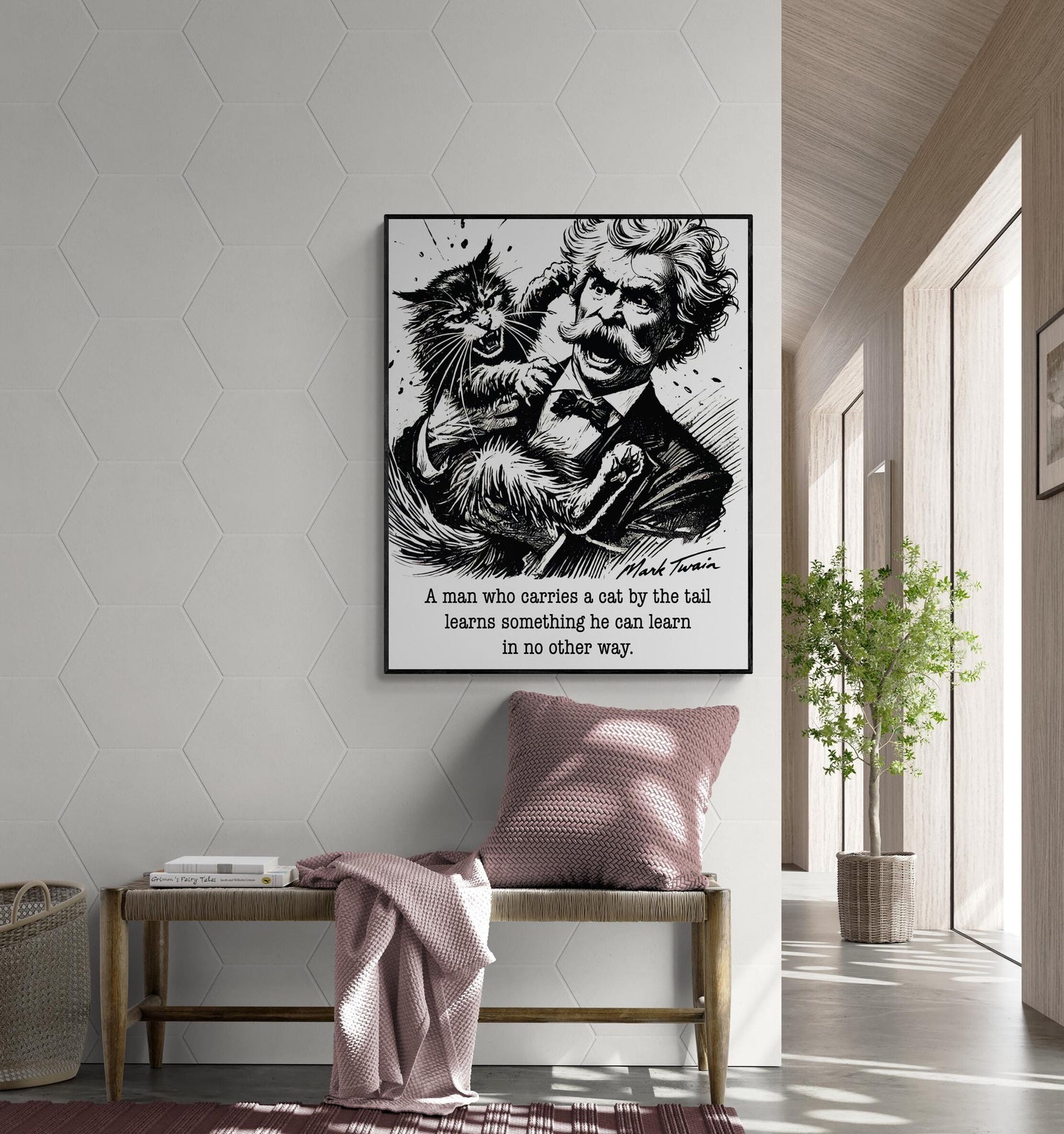 May include: A black and white illustration of Mark Twain holding a cat by the tail. The quote below the illustration reads: 'A man who carries a cat by the tail learns something he can learn in no other way.'