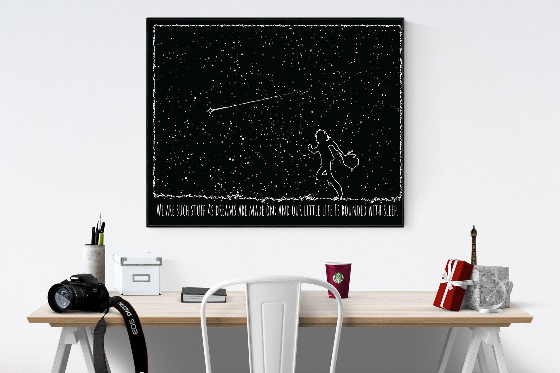May include: A black and white poster with a silhouette of a person running with a heart in their hand. The poster has a black background with white stars and a shooting star. The text on the poster reads &#39;We are such stuff as dreams are made on: and our little life is rounded with sleep.&#39;