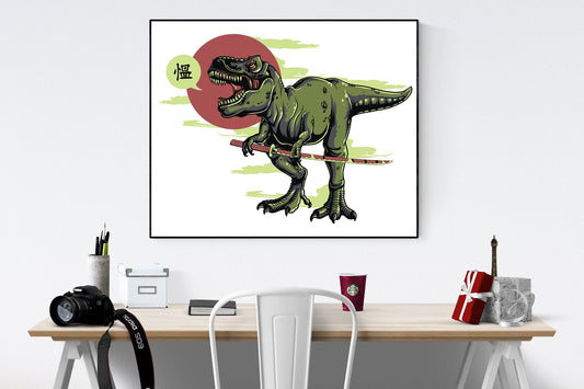 May include: A framed illustration of a green dinosaur holding a red katana sword. The dinosaur is facing the right side of the image. The dinosaur has a red mouth and white teeth. The dinosaur is standing on a white background with a red circle and green clouds behind it. The text &#39;僪&#39; is in a speech bubble above the dinosaur&#39;s head.