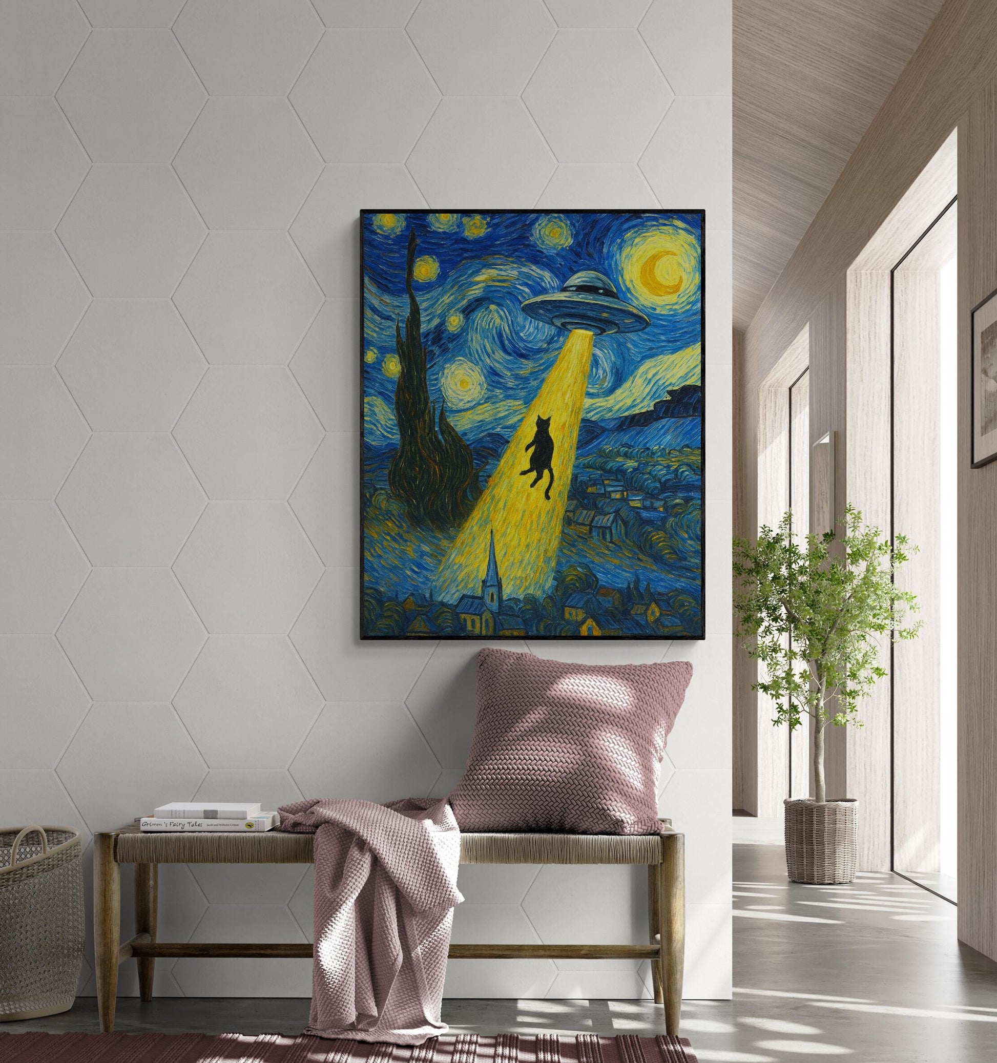 Funny UFO Cat Abduction Art Print – Van Gogh Starry Night Wall Decor for Sci-Fi Lovers Artwork | Living Room Artwork | Home Decor Poster
