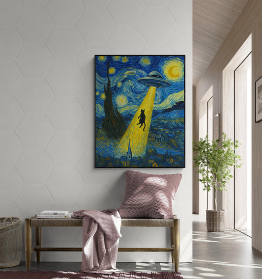 Funny UFO Cat Abduction Art Print – Van Gogh Starry Night Wall Decor for Sci-Fi Lovers Artwork | Living Room Artwork | Home Decor Poster