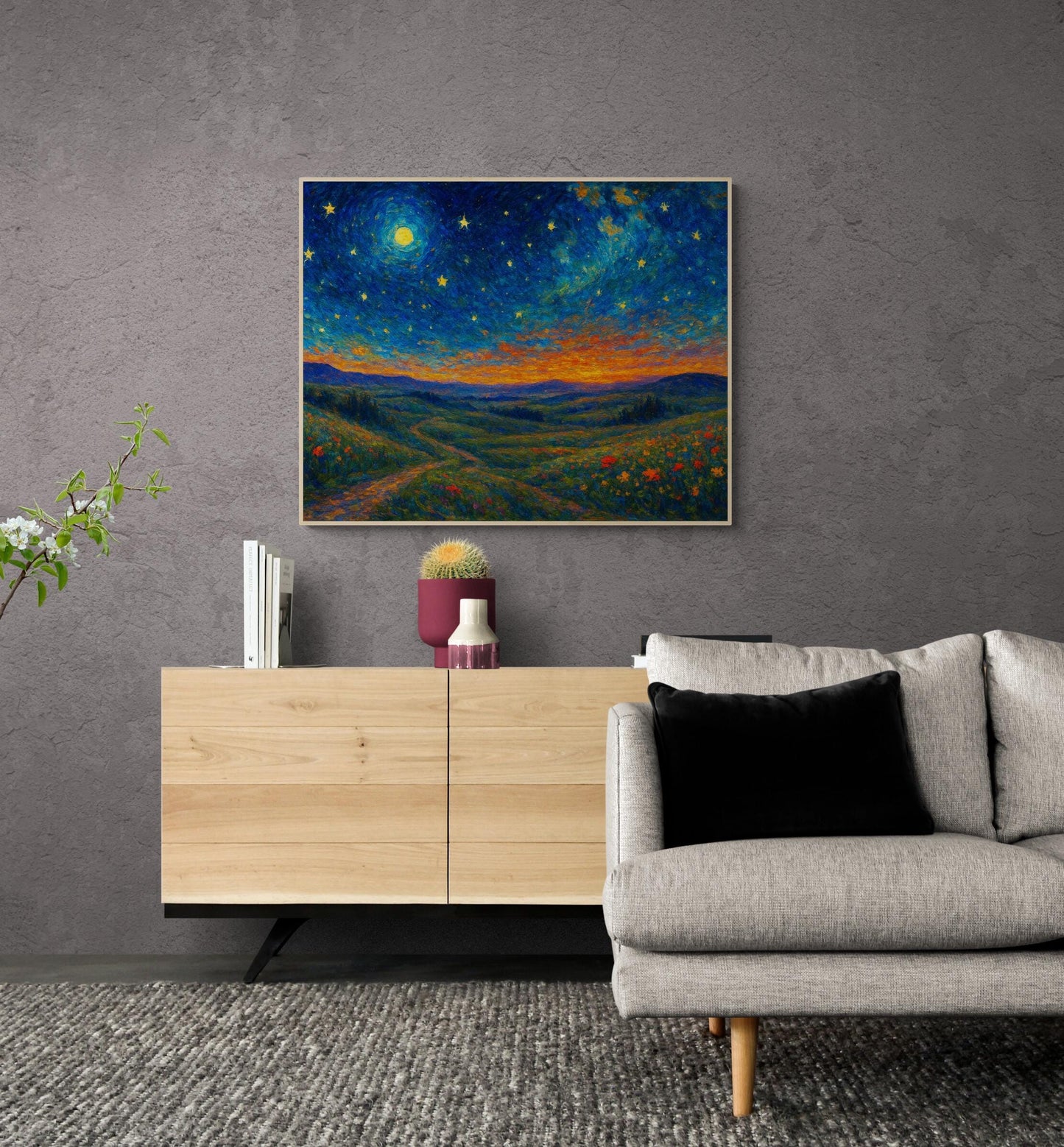 Starry Meadow Art Print – Van Gogh Inspired Landscape Starry Night Wall Decor Artwork | Living Room Artwork | Home Decor Poster