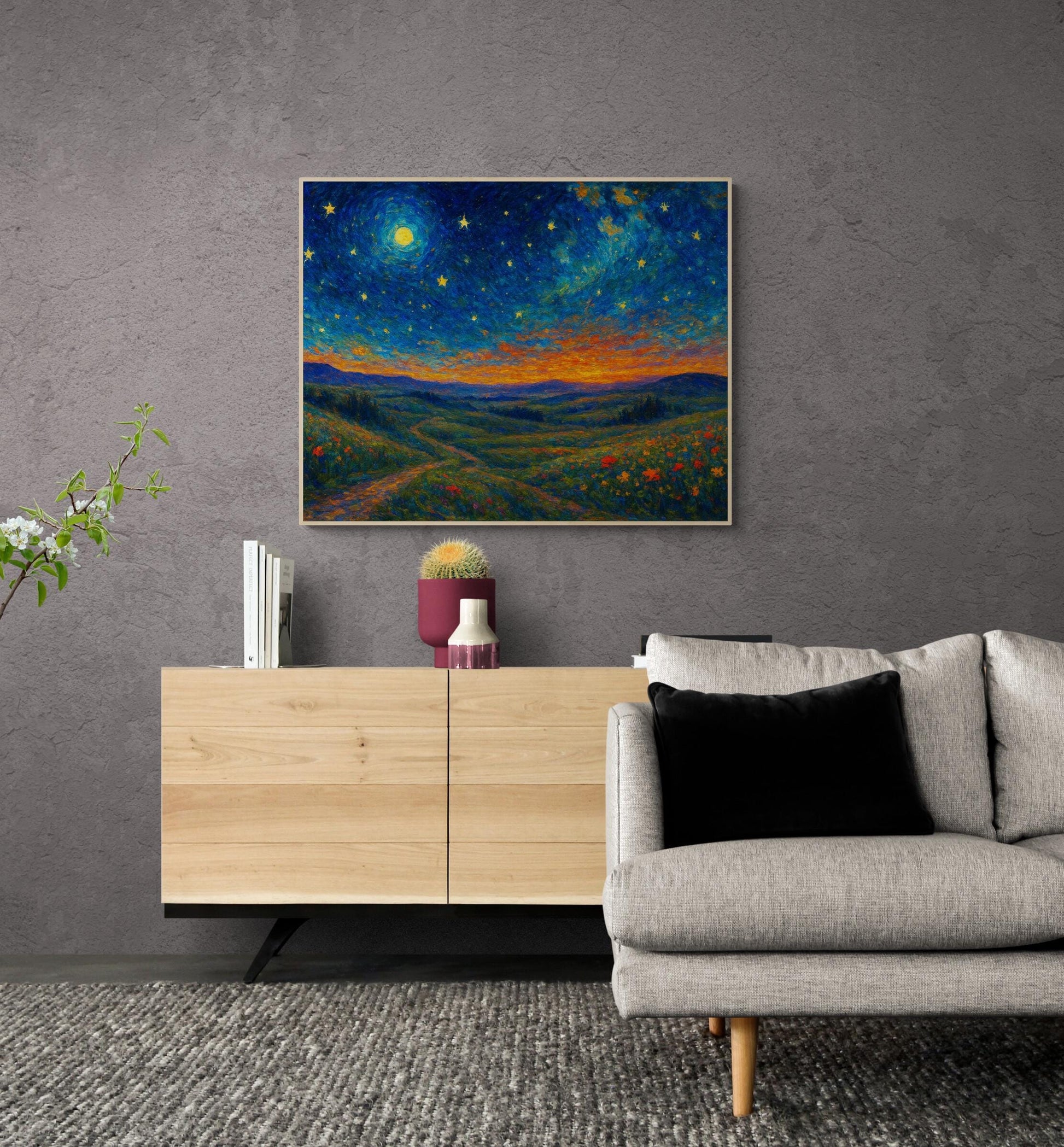 Starry Meadow Art Print – Van Gogh Inspired Landscape Starry Night Wall Decor Artwork | Living Room Artwork | Home Decor Poster