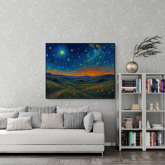 Starry Meadow Art Print – Van Gogh Inspired Landscape Starry Night Wall Decor Artwork | Living Room Artwork | Home Decor Poster