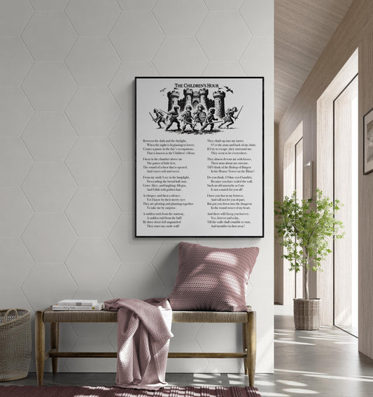 May include: Black and white poster featuring a poem titled 'The Children's Hour.' The poem is set against a backdrop of a medieval castle illustration.  The text is in a classic serif font. The overall aesthetic is vintage and literary. The poster is displayed on a light gray wall above a light brown bench with a mauve throw blanket.
