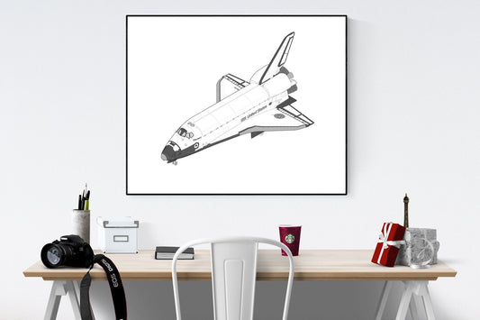 May include: A black and white line drawing of a space shuttle against a white background. The shuttle is in flight and the text &#39;United States&#39; is visible on the side of the shuttle.