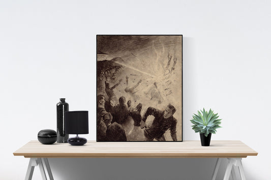 May include: A black and white drawing of a group of people looking up at a bright light in the sky. The people are in various poses, some are running, some are falling, and some are looking up in awe. The light is so bright that it is almost blinding. The drawing is framed in a black frame and is hanging on a white wall.