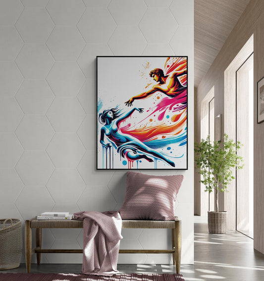 May include: A framed abstract painting of two figures in mid-air. The figures are painted in a vibrant blue and orange color scheme. The background is white with splashes of color.