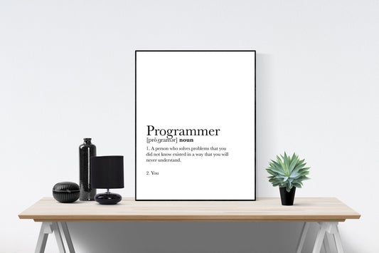 May include: A black and white framed print with the word &#39;Programmer&#39; defined as &#39;a person who solves problems that you did not know existed in a way that you will never understand.&#39; The print is on a wooden table with a black lamp, a black bottle, and a potted green plant.