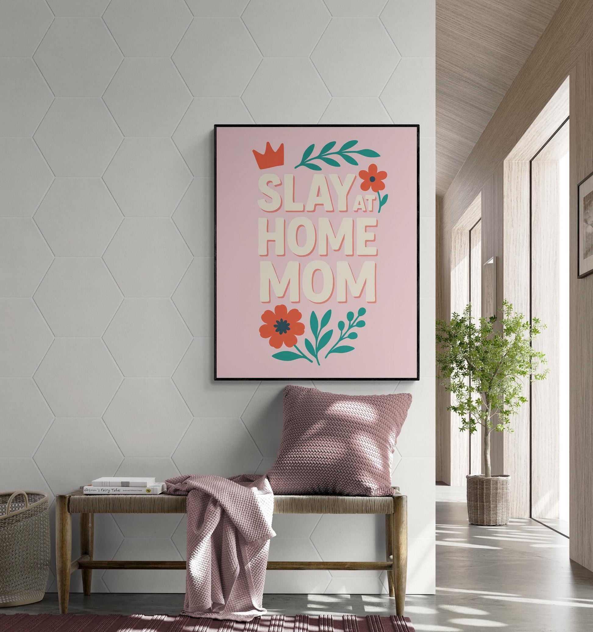 Slay at Home Mom Art Print – Funny Mom Wall Art with Pink Floral Design – Gen Z Slang Home Decor – Inspirational Bedroom Gift – Folk Poster