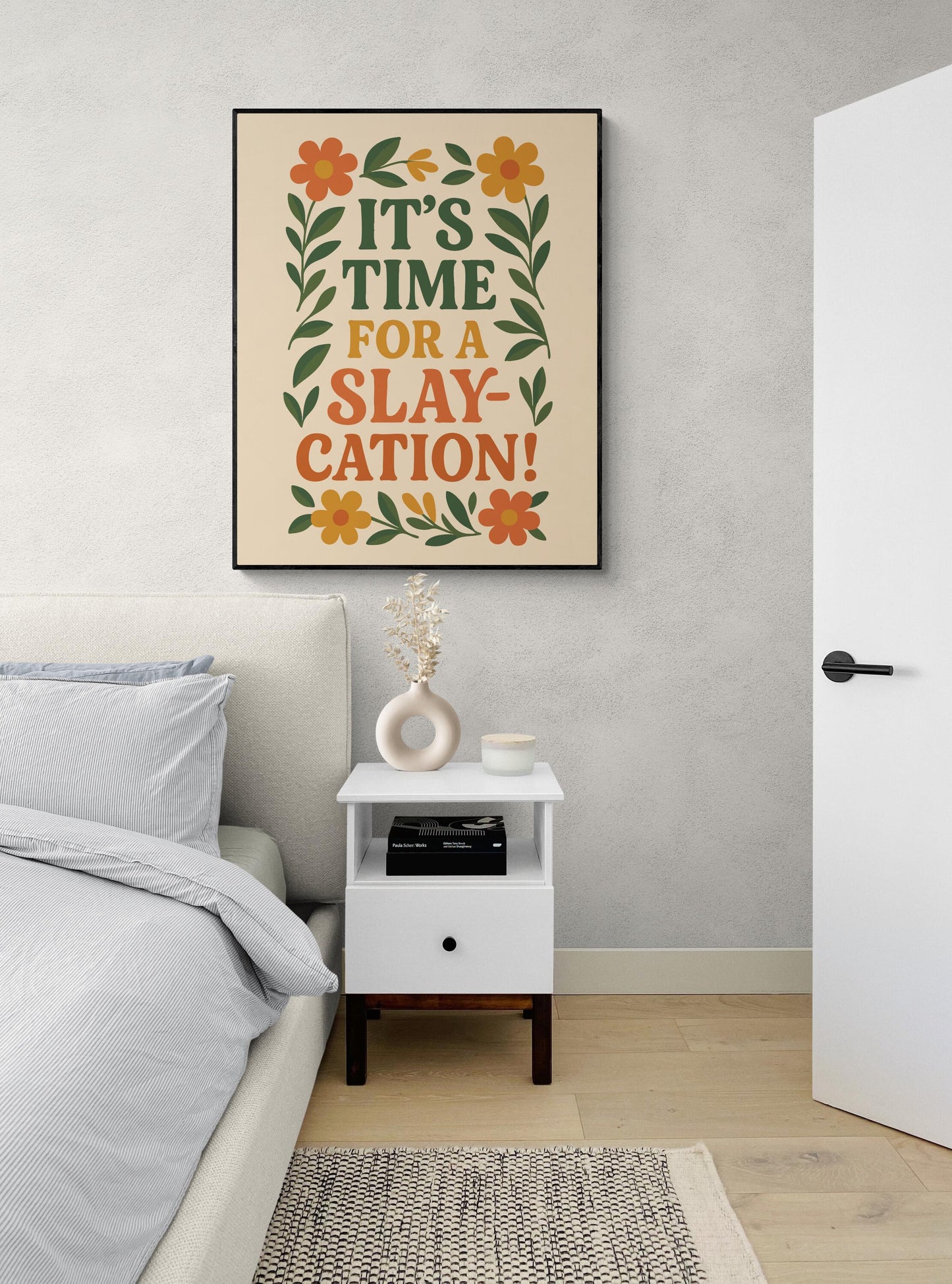 Funny Vacation Quote Art Print – It's Time For A Slaycation – Gen Z Slang Home Decor – Inspirational Living Room – Floral Watercolor Poster