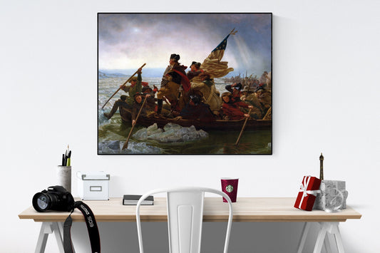 May include: A framed painting of a group of men in a boat on a body of water. The men are wearing brown and white clothing. The boat is being rowed by the men. The painting is set against a cloudy sky with a bright light shining down from the sky. The painting is framed in black and is hanging on a white wall.