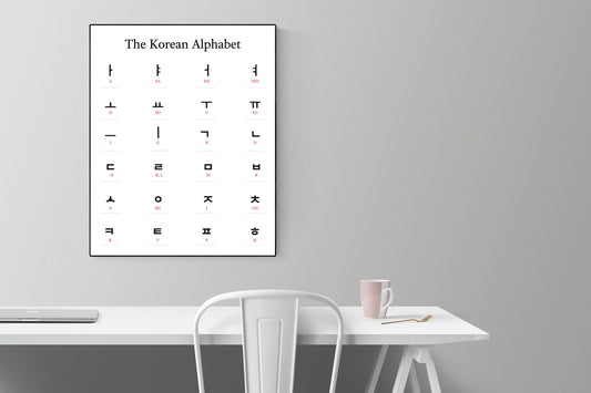 May include: A black and white poster with the title 'The Korean Alphabet' and a chart of Korean alphabet letters. The letters are in black and the chart is on a white background. The poster is hanging on a white wall above a white desk with a white chair and a pink mug on the desk.