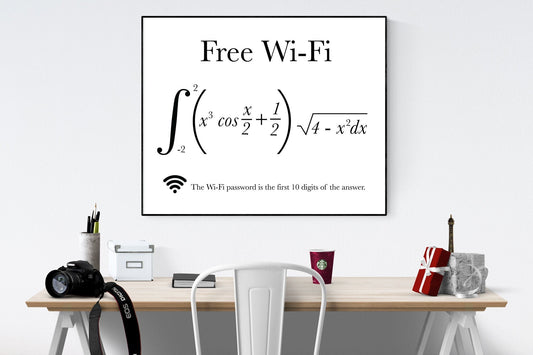 May include: A framed poster with the text 'Free Wi-Fi' and a mathematical equation. The equation is an integral from -2 to 2 of (x^3 cos(x/2) + 1/2) * sqrt(4 - x^2) dx. The text below the equation reads 'The Wi-Fi password is the first 10 digits of the answer.' A wifi symbol is to the left of the text.