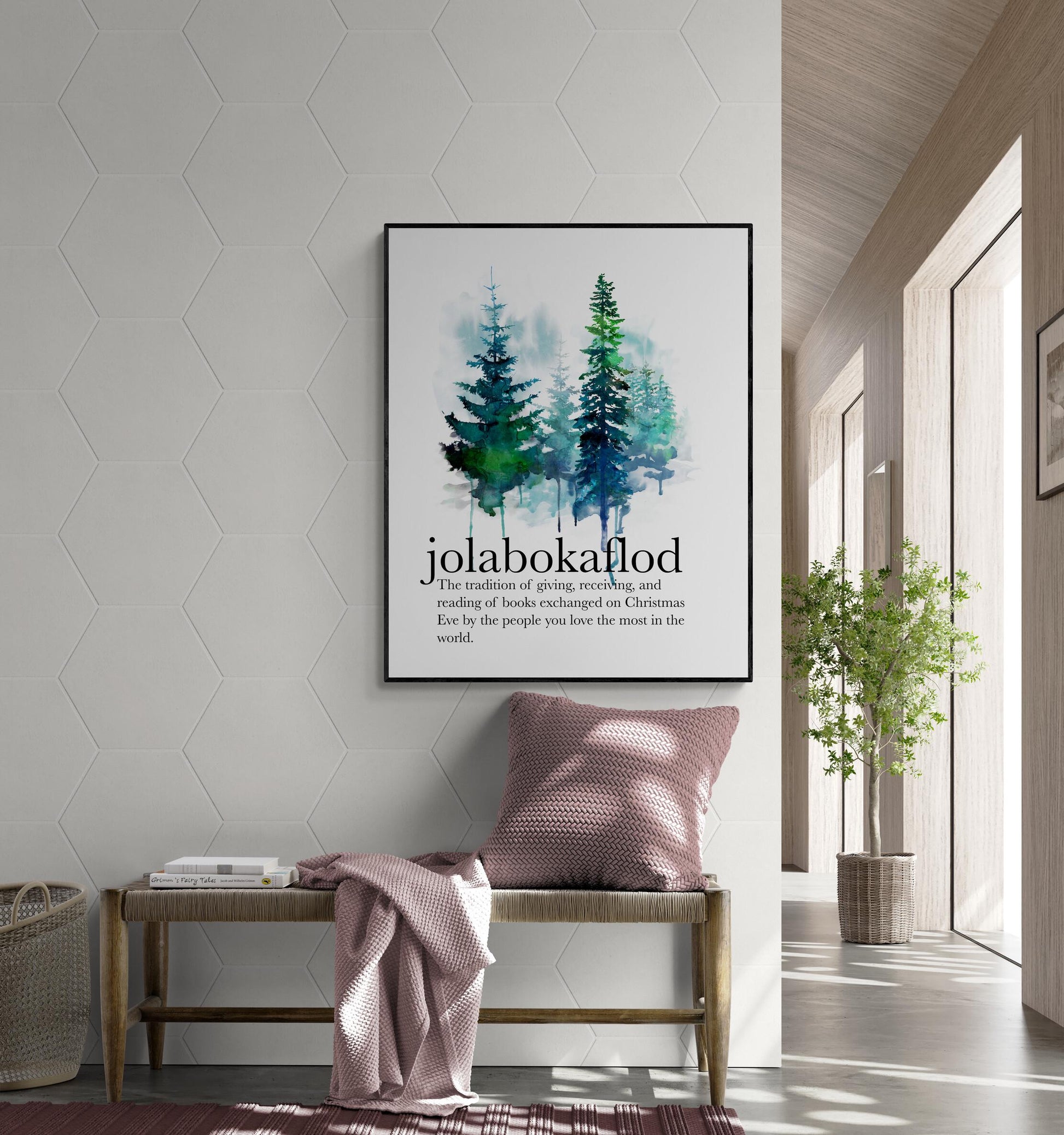 Jolabokaflod | Christmas Book Flood | Icelandic Holiday Tradition | Bibliophile | Pine Tree Art Print