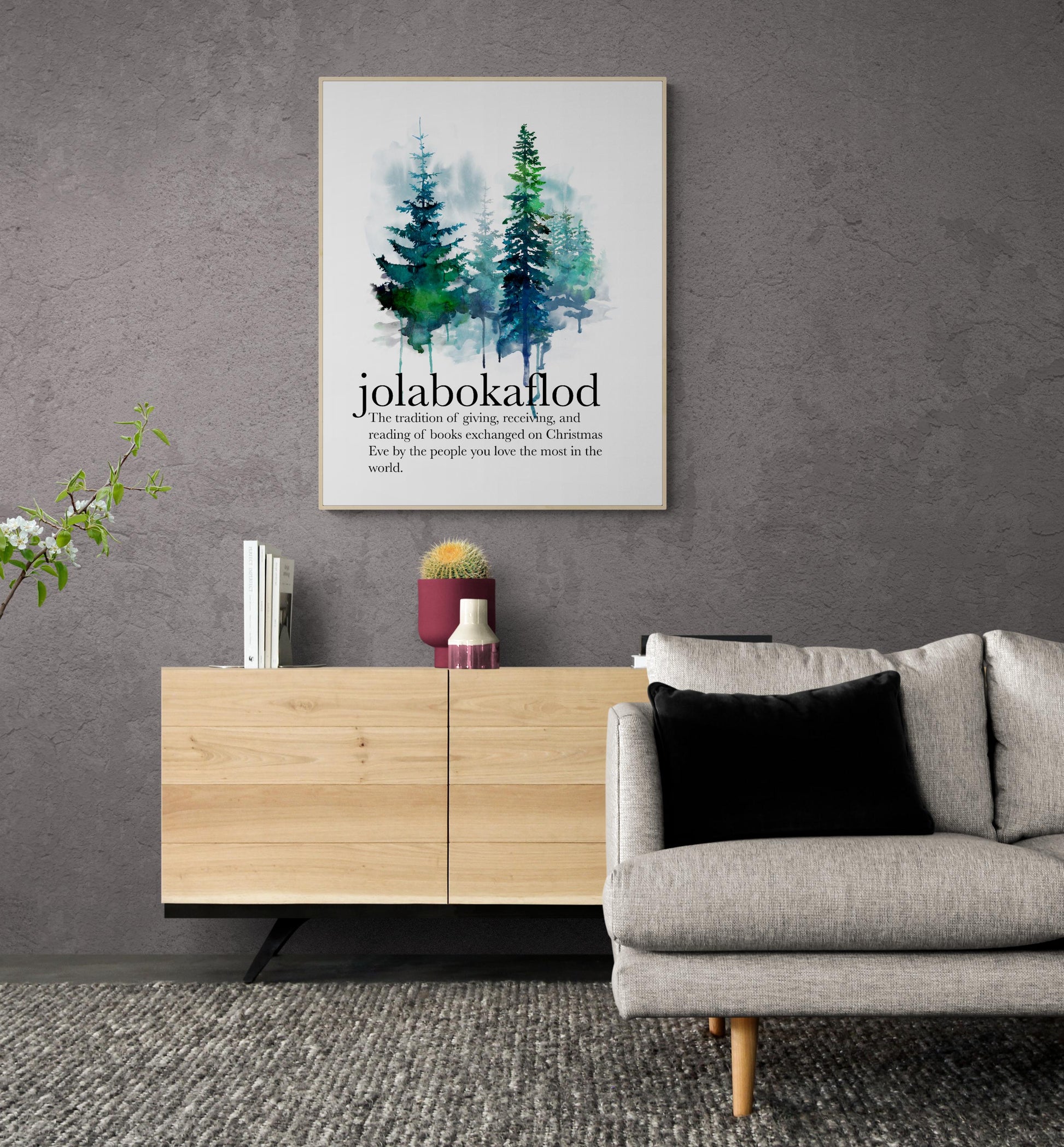Jolabokaflod | Christmas Book Flood | Icelandic Holiday Tradition | Bibliophile | Pine Tree Art Print