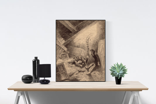 May include: A black and white drawing of a creature with a long tail in a dark attic. The creature is lying on the floor and a person is standing over it. The drawing is framed and hanging on a white wall above a wooden table with a black lamp and a black bottle.