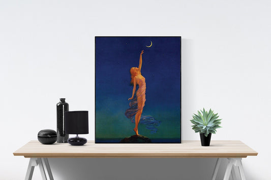 May include: A framed painting of a woman in a flowing blue dress reaching up towards a crescent moon in a dark blue night sky.