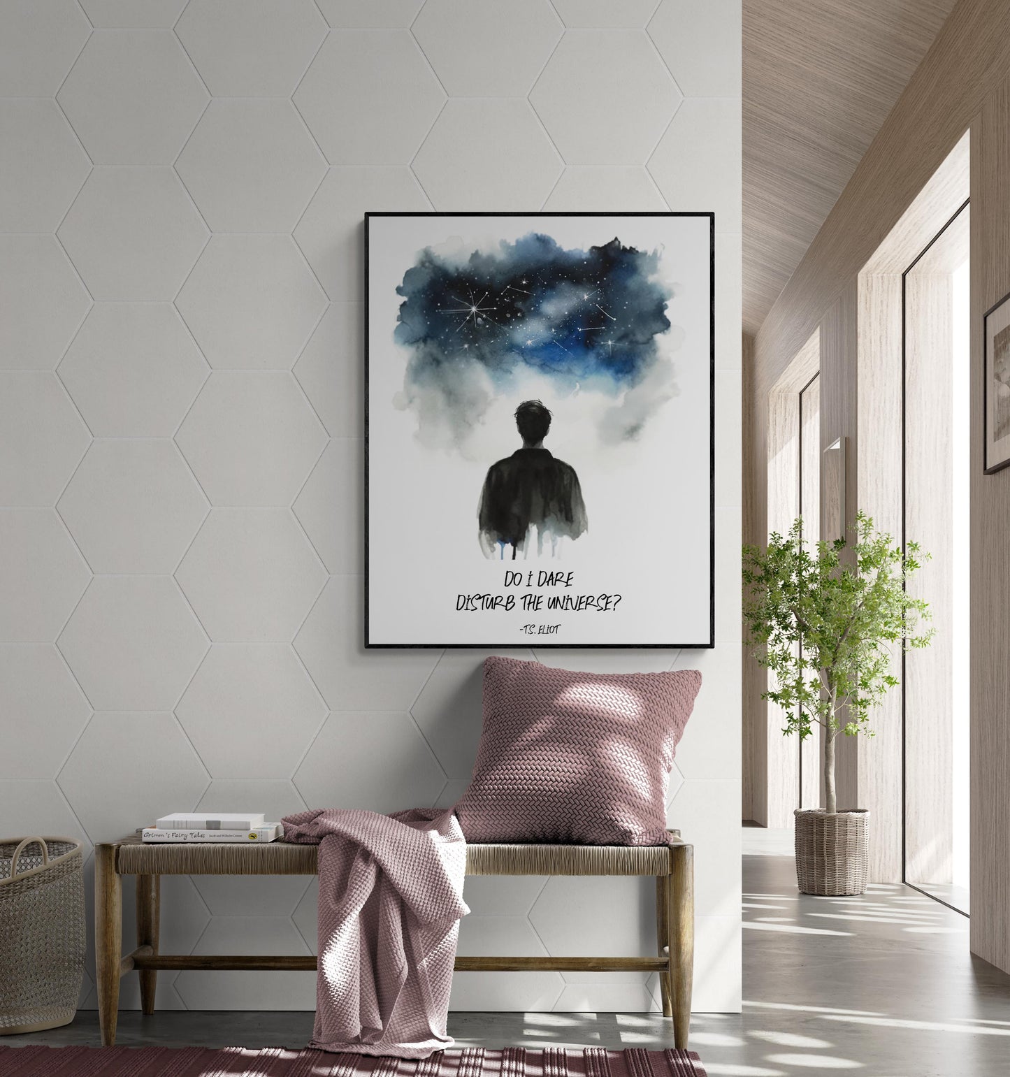 May include: A black and white watercolor painting of a person standing in front of a blue and white watercolor sky with stars. The text on the painting reads: 'Do I dare disturb the universe?' - T.S. Eliot