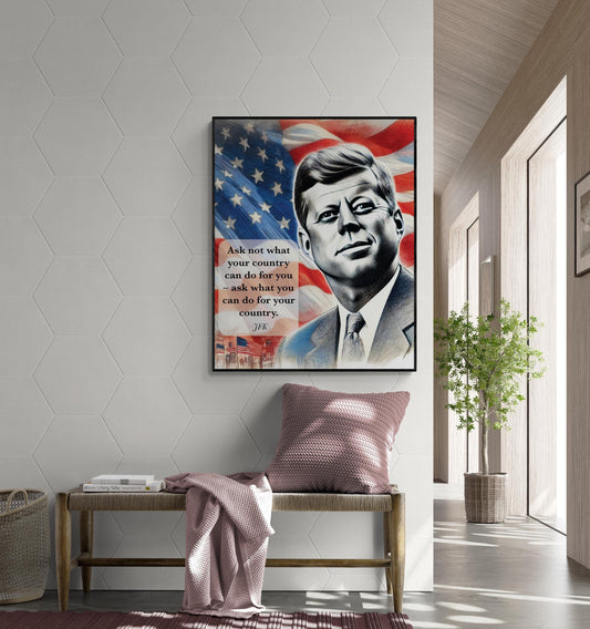 May include: A framed print of John F. Kennedy with a quote from his inaugural address. The quote reads 'Ask not what your country can do for you - ask what you can do for your country. JFK.' The print is framed in black and has a red, white, and blue American flag in the background.