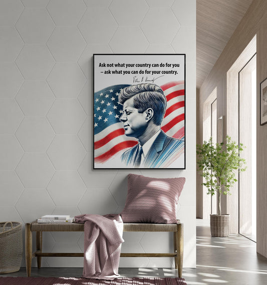 May include: A framed print with a blue and red American flag and a portrait of John F. Kennedy. The print has a quote from John F. Kennedy that reads 'Ask not what your country can do for you - ask what you can do for your country.' The quote is in black text with a white background. The print is hanging on a white wall with a hexagonal pattern.