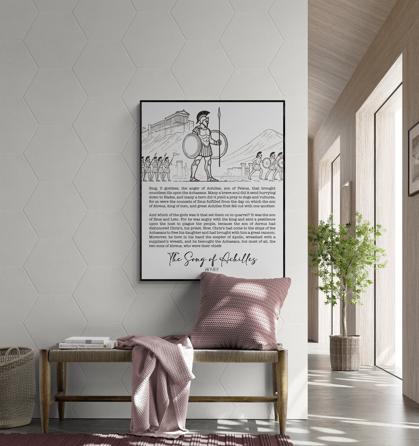 May include: A black and white illustration of a scene from The Song of Achilles by Homer. The illustration depicts a man in armor with a spear and shield, standing in front of a city gate. Behind him, a line of soldiers marches toward the gate. The text 'The Song of Achilles' and 'HOMER' is printed below the illustration.