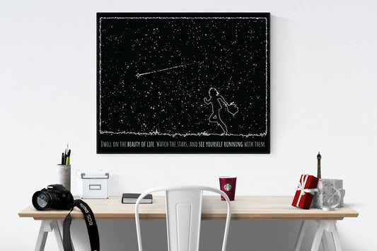 May include: A black and white poster with a silhouette of a person running with a star above them. The poster has the text 'Dwell on the beauty of life. Watch the stars, and see yourself running with them.' The poster is hanging on a white wall above a desk with a camera, a cup of coffee, a book, and a white chair.