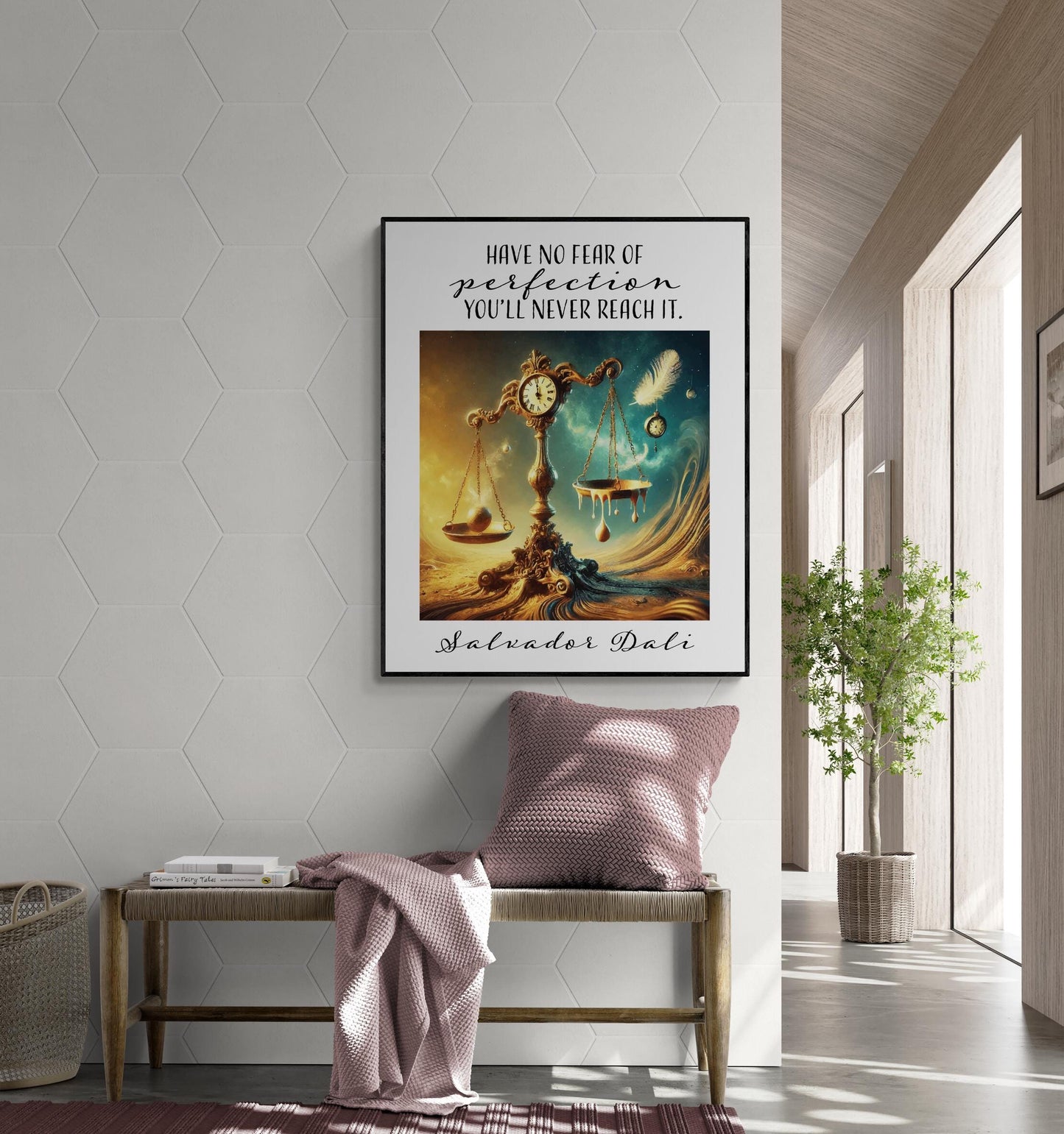 May include: A framed print with a surrealist painting of a golden scale with a clock face. The scale is suspended over a swirling blue and green sea. The text on the print reads 'Have no fear of perfection you'll never reach it. Salvador Dali'