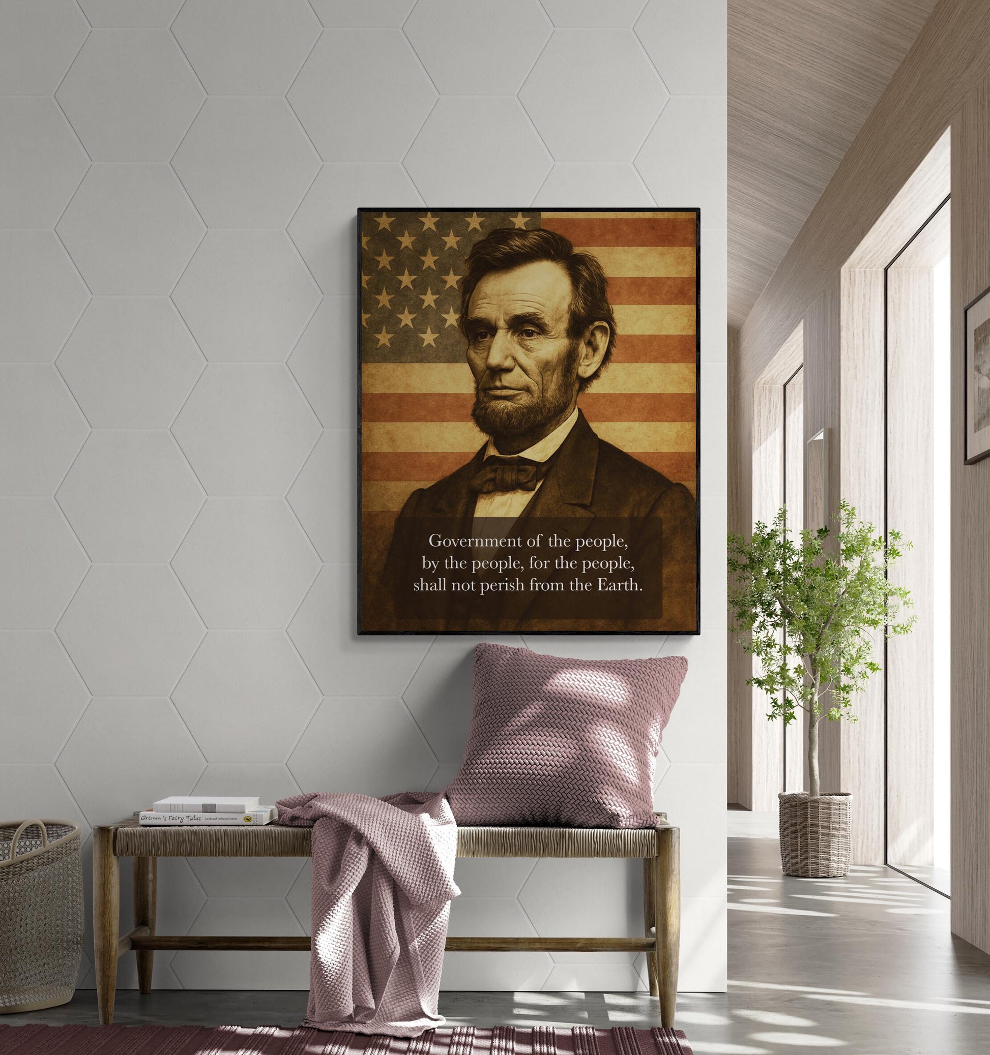 May include: A framed print featuring a portrait of Abraham Lincoln against a backdrop of the American flag. The print has a black frame and includes the quote, 'Government of the people, by the people, for the people, shall not perish from the Earth.'