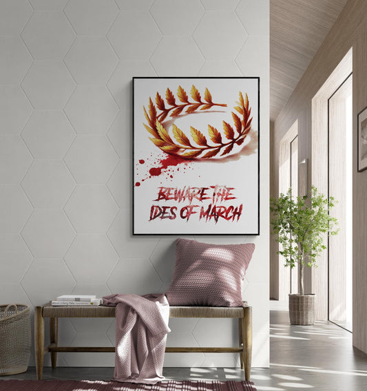 May include: A framed poster with a white background. A gold laurel wreath with red blood splatters is in the center of the poster. The text 'Beware the Ides of March' is written in black below the wreath.