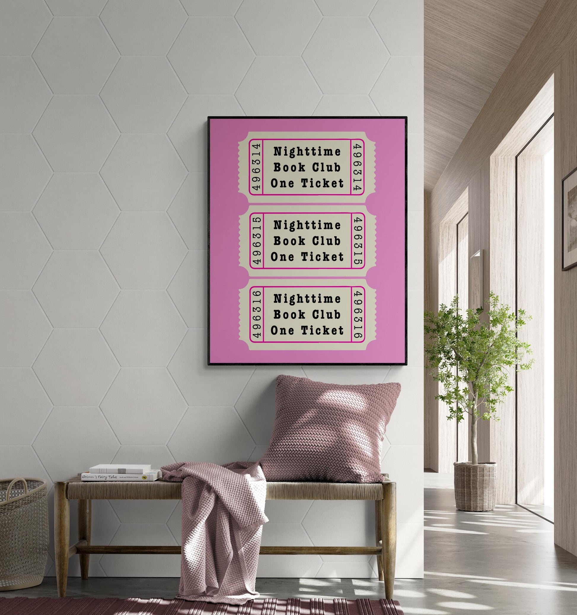 May include: Pink wall art featuring three stacked vintage-style tickets. Each ticket displays the text: 'Nighttime Book Club One Ticket', with a unique number on each ticket. The tickets are arranged vertically against a solid pink background. This printable wall art is perfect for book clubs or libraries.