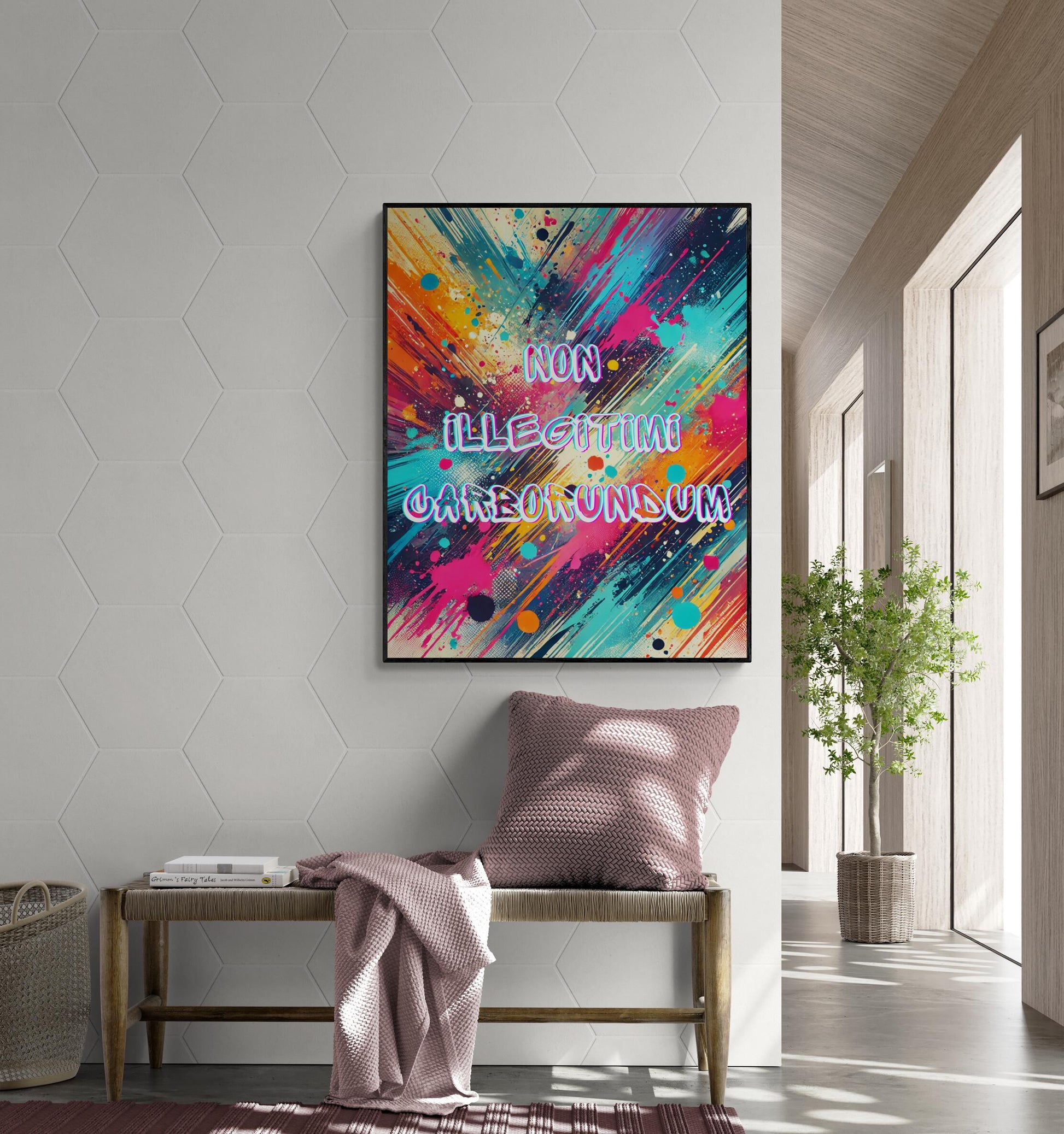 May include: A colorful abstract painting with a black frame. The painting has a background of blue, green, orange, and yellow paint splatters. The words 'NON ILLEGITIMI CARBORUNDUM' are written in white letters on the painting.