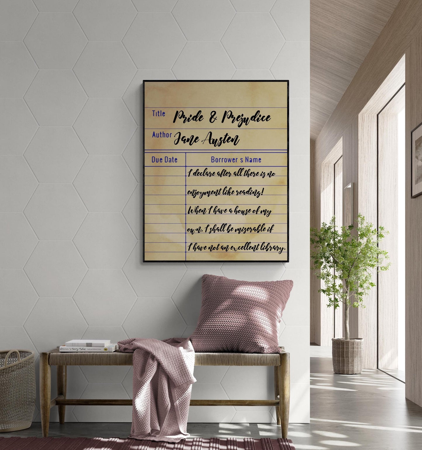 May include: Canvas print featuring a library card design. The title is 'Pride & Prejudice' by Jane Austen.  The text includes a quote about the enjoyment of reading and the importance of a good library. The background is a vintage-style beige with dark brown lines, creating a library card aesthetic. The overall color palette is warm and neutral.