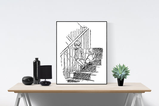 May include: A black and white line drawing of a child standing on a staircase with a teddy bear lying on the stairs. The child is wearing a dress and has short hair. The teddy bear is lying on its back with its legs in the air.