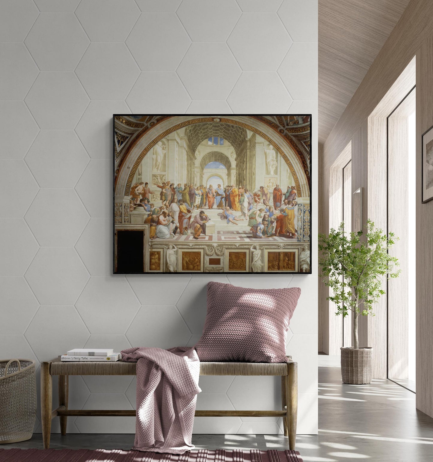 May include: A framed Renaissance painting, 'The School of Athens,' hangs above a wooden bench with a pink cushion and blanket. The artwork depicts a large gathering of figures in classical architecture. The room features white hexagon tiles and a potted green plant, creating a blend of art and interior design.