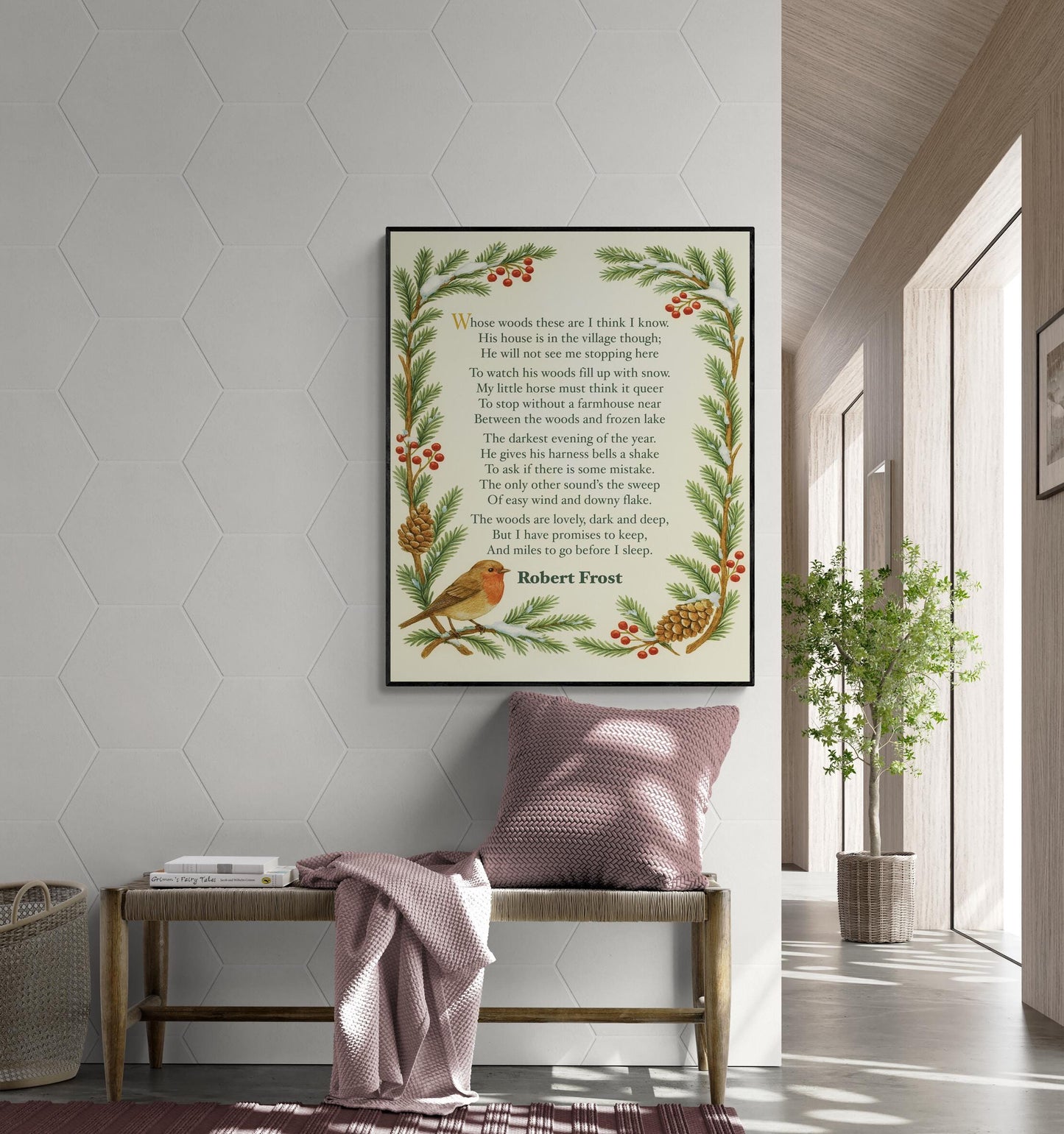 Robert Frost Quote Art Print | Stopping by Woods On A Snowy Evening | Poetry | Literary Book | Inspirational | Motivational Floral Poster