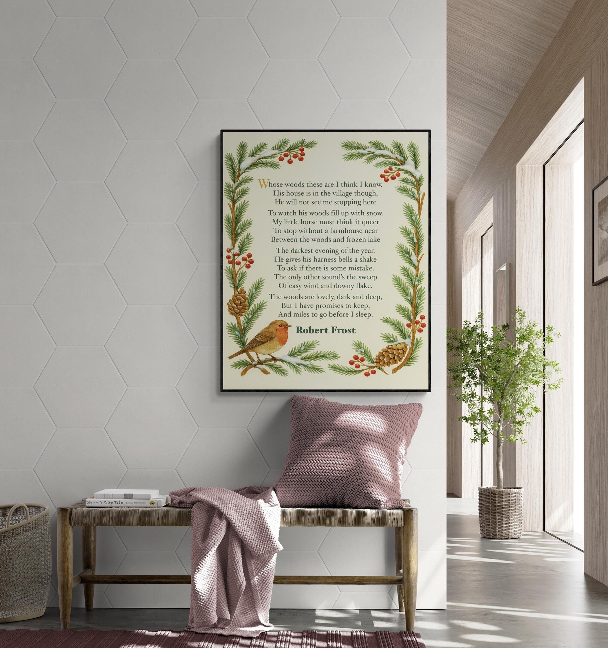 Robert Frost Quote Art Print | Stopping by Woods On A Snowy Evening | Poetry | Literary Book | Inspirational | Motivational Floral Poster
