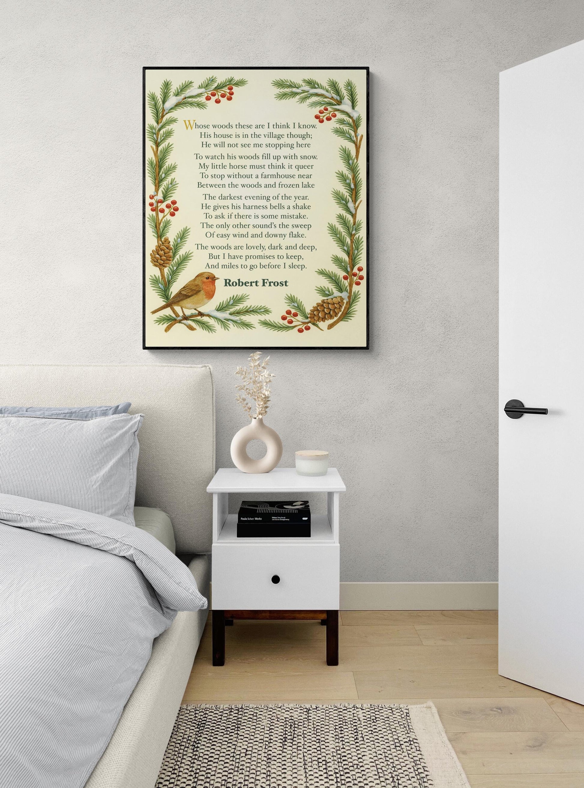Robert Frost Quote Art Print | Stopping by Woods On A Snowy Evening | Poetry | Literary Book | Inspirational | Motivational Floral Poster