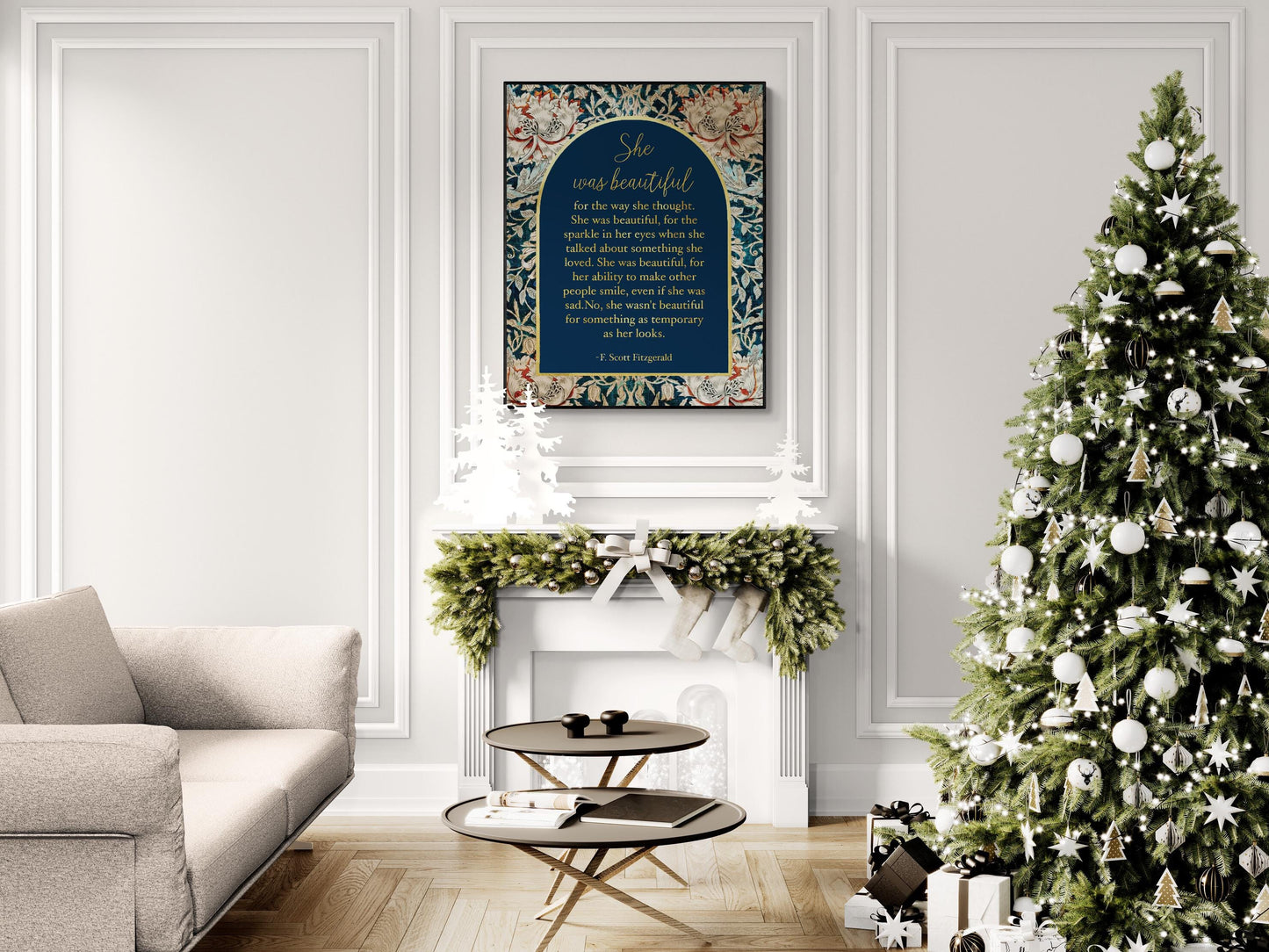 Fitzgerald Quote Art Print | She Was Beautiful | William Morris Home Decor | Floral Literary Poster