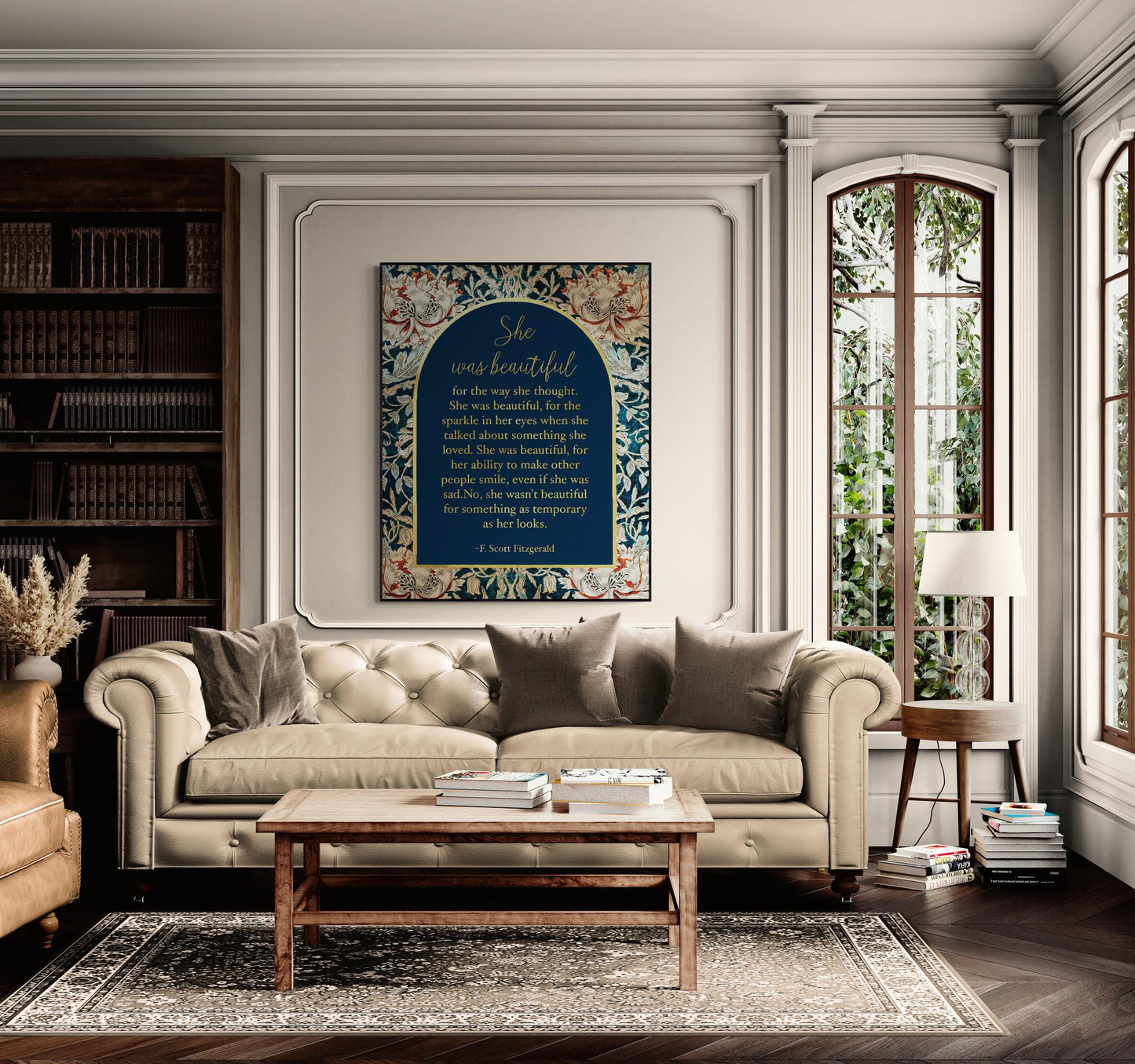 Fitzgerald Quote Art Print | She Was Beautiful | William Morris Home Decor | Floral Literary Poster
