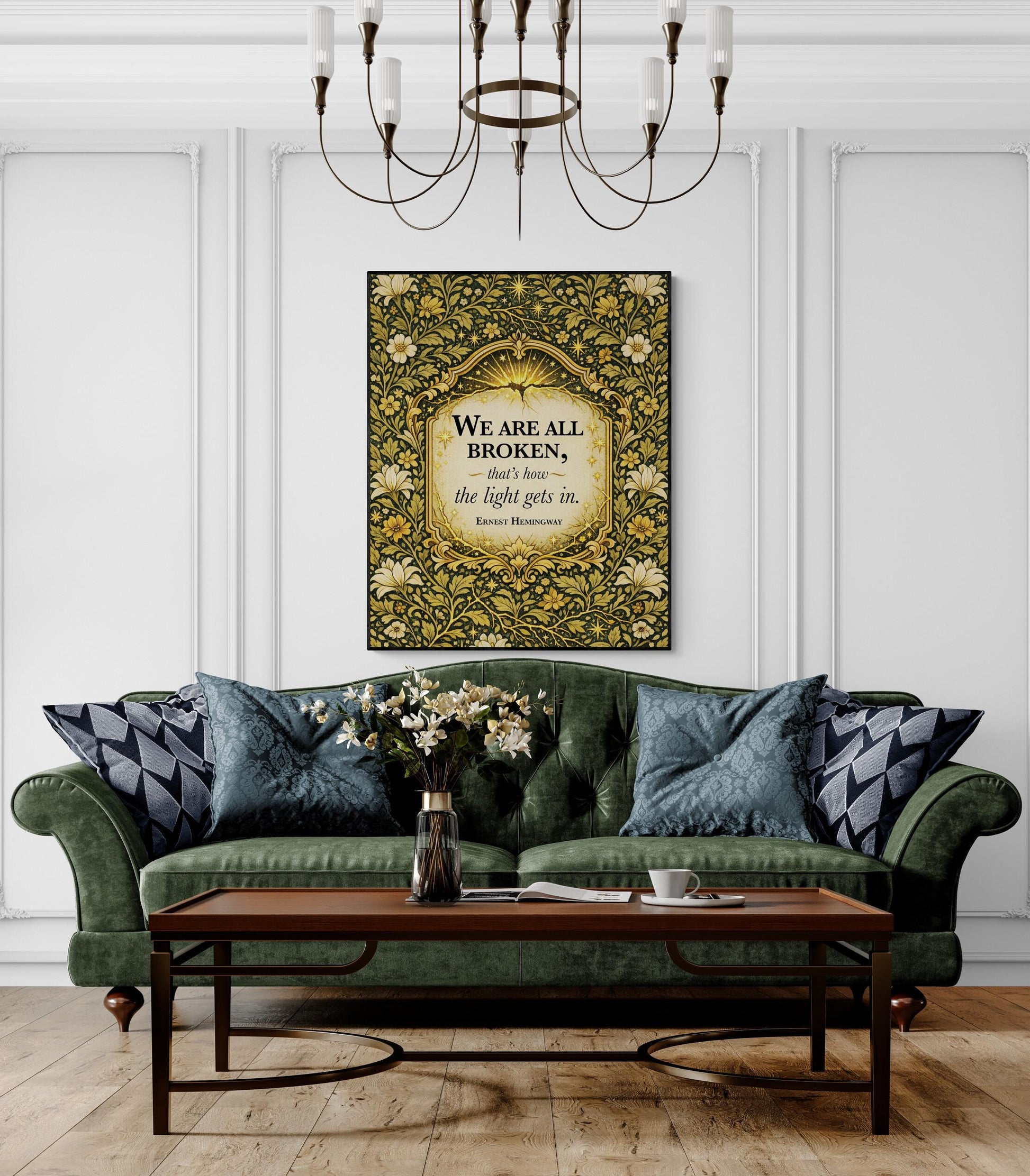 Ernest Hemingway Quote Art Print | We Are All Broken | William Morris Home Decor | Floral Literary Poster