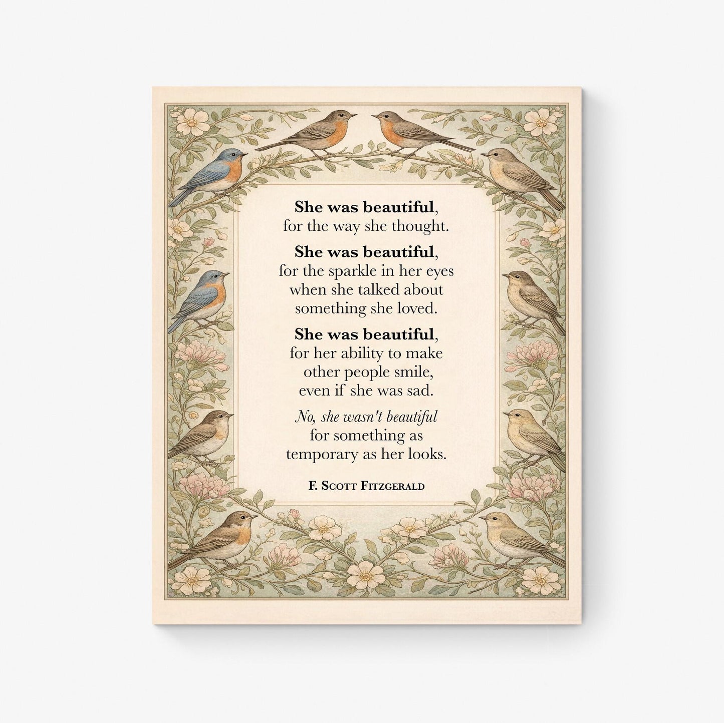 F Scott Fitzgerald Quote Art Print | She Was Beautiful | William Morris Home Decor | Floral Literary Poster